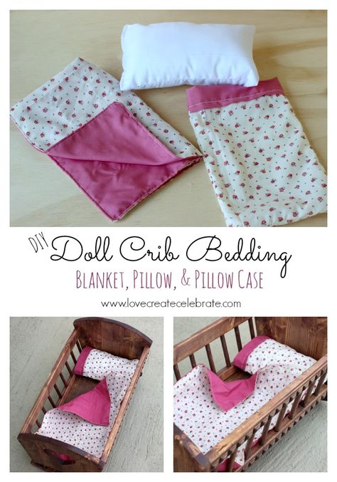 Doll Crib Bedding - Love Create Celebrate                                                                                                                                                      More Doll Cradle Bedding, Diy Doll Crib, Diy Baby Doll Crib, Dolls Bedding, Doll Bed Diy, Doll Blankets, Baby Doll Cradle, Baby Doll Crib, Baby Doll Bed