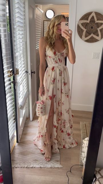 V. Chapman on Instagram: "The Carmen Dress in Natural dainty floral is a dream ❤️🌸" Flowery Flowy Dress, Flower Dresses Formal, Cottagecore Dresses Formal, Long Flower Dress Casual, Things To Wear To A Wedding As A Guest, Enchanted Theme Prom, Floral Prom Dress Vintage, Formal Boho Dress, Floral Graduation Dress