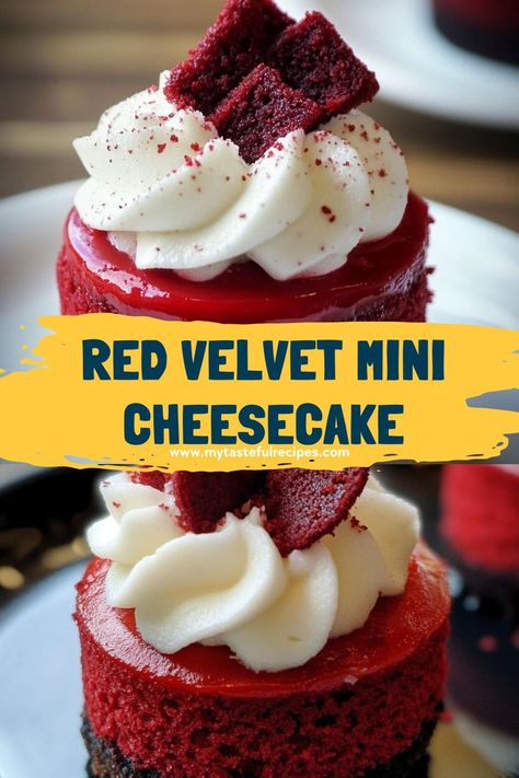 These Mini Red Velvet Cheesecakes are a decadent twist on a classic favorite. With a soft red velvet cake base, creamy cheesecake center, and a topping of velvety cream cheese frosting, they’re the perfect mini dessert for any occasion! Angel Food Cheesecake Recipes, Red Velvet Mini Cheesecakes, Red Velvet No Bake Cheesecake, Redvelvet Cheesecake Cake, Mini Christmas Cheesecake Recipes, Personal Cheesecake Recipe, Individual Cheesecake Recipes, Valentine Food Ideas, Red Velvet Cheesecake Bites