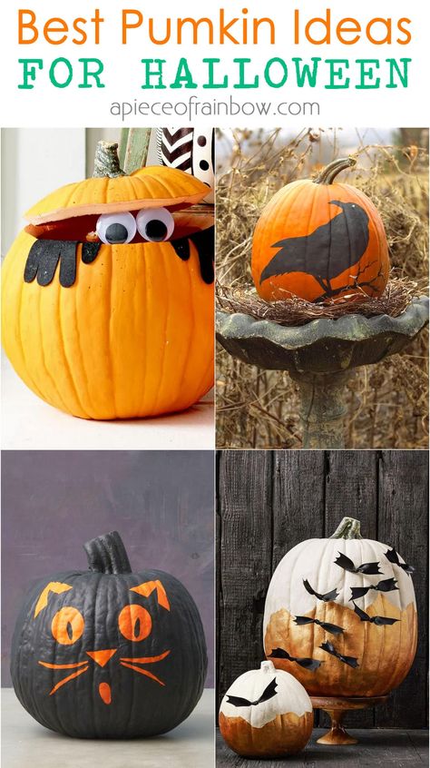 50+ Best no carve Pumpkin decorating ideas. Make easy Halloween crafts for kids & adults, & creative fall & Thanksgiving decor with pumpkins! - – A Piece of Rainbow, decorations, arts & crafts, autumn, farmhouse, animals, Disney, nature, boho, decoupage, painting, painted Spooky Diy Halloween Decor, Halloween Diy Paper, Halloween Mason Jars, No Carve Pumpkin Decorating, Halloween Pumpkins Painted, Diy Halloween Wreath, Halloween Paper Crafts, Halloween Countdown, Easy Fall Crafts