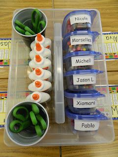 Each Gladware container holds a student's crayons. The cups with scissors are velcro-ed to the caddy to keep them from sliding. Tape a copy of this picture to the side of the caddy so the kids can reference it when cleaning up Class Table Supplies, Class Table Organization, Preschool Teacher Desk Organization, School Supplies Organization Classroom, Classroom Table Supplies Organization, Kindergarten Classroom Table Setup, Classroom Caddy Organization, Kindergarten Supply Organization, Kindergarten Table Organization