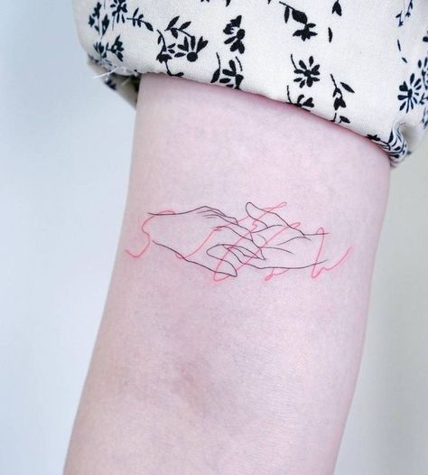 Fineline Bicep Tattoo, Fine Line Tattoo Of Hands, Fine Line Hand Holding Tattoo, Minimalist Tattoo Of Hands, Tattoo Of Holding Hands, One Line Hand Tattoo, Hands Fine Line Tattoo, Two Hands Holding Tattoo, Hold Hands Tattoo