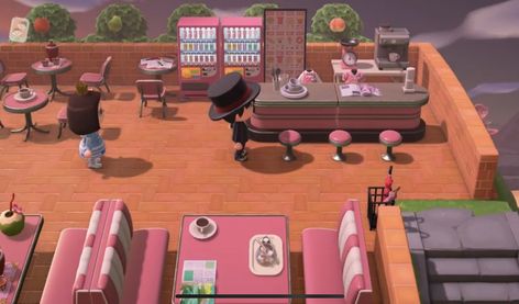 Pink Diner, Animal Crossing Cafe, Cottagecore Animal Crossing, Town Design, Pink Island, Pokemon Mew, Animal Crossing 3ds, Animal Crossing Guide, Acnh Design