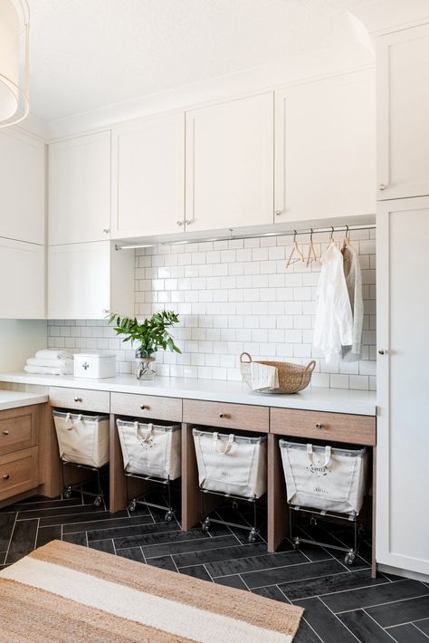 Laundry Room Goals, Laundry Sorting Baskets, Laundry Room With Hamper Storage, Modern French Country Laundry Room, Modern Farmhouse Mudroom Laundry, Tiled Wall Laundry Room, Laundry Room Sorting Ideas, Laundry Room Wall Tile, Modern Rustic Laundry Room