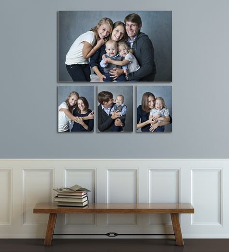 Three kids? Our family business collection is your answer Family Photo Wall Decor Ideas, How To Display Family Photos On Wall Above Couch, Canvas Prints On Wall Family Pictures, Family Canvas Ideas Picture Walls, Family Canvas Ideas, Family Photos Wall Decor, Family Pictures On Wall, Photo Hanging, Photo Wall Display