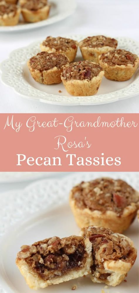 These Pecan Tassies are like miniature pecan pies with a sensational cream cheese crust. They are sweet and completely addicting! Nut Tassies, Pumpkin Roll Easy, Pecan Tassie Recipe, Pecan Tarts Mini, Mini Pecan Pie Recipes, Tassies Recipe, Pecan Pie Tarts, Pecan Tassies, Bourbon Sweet Potatoes