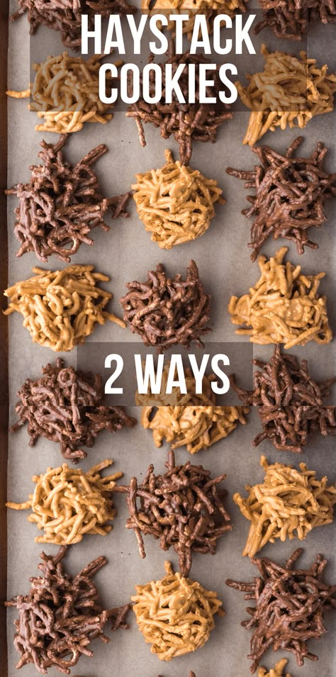 Haystack cookies are a favorite no bake cookie that's made with chow mein noodles. There's two popular flavors - butterscotch haystacks or chocolate haystacks and we'll teach you how to make both haystacks recipes! Chow Mein Cookies, Butterscotch Haystacks, Chocolate Haystacks, Haystacks Recipe, Haystack Cookies, No Bake Christmas, No Bake Cookie, Christmas Baking Cookies, Chow Mein Noodles