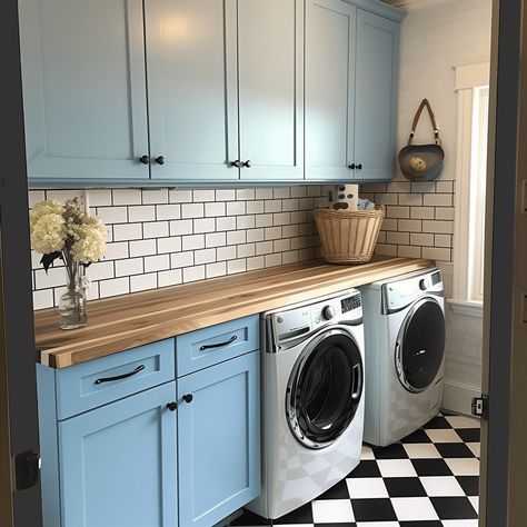 Blue Coastal Laundry Room Inspiration Light Blue Laundry Room Cabinets, Bright Laundry Room Colors, Blue Cabinets Laundry Room, Blue And White Laundry Room, Colorful Laundry Room Ideas, Blue Laundry Room Cabinets, Painted Laundry Room, Coastal Laundry, Coastal Laundry Room