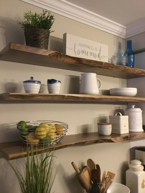 Black walnut live edge shelves Kitchen With Floating Wood Shelves Modern, Black Walnut Floating Shelves, Live Edge Wood Shelves Kitchen, Live Edge Shelf Kitchen, Live Wood Shelves Kitchen, Live Edge Floating Shelves Living Room, Live Edge Oak Shelves, Live Edge Floating Shelves Kitchen, Live Edge Shelves Living Room