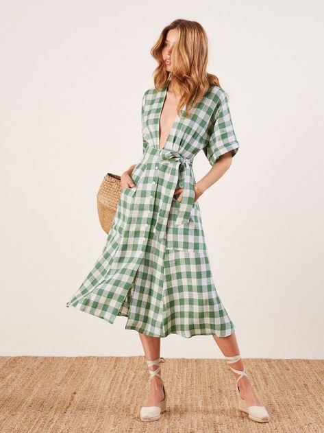 Green Gingham Dress, Gingham Outfit, Gingham Fashion, Green Gingham, Looks Street Style, Check Dress, Printed Shirt Dress, Cotton Midi Dress, Silk Maxi Dress