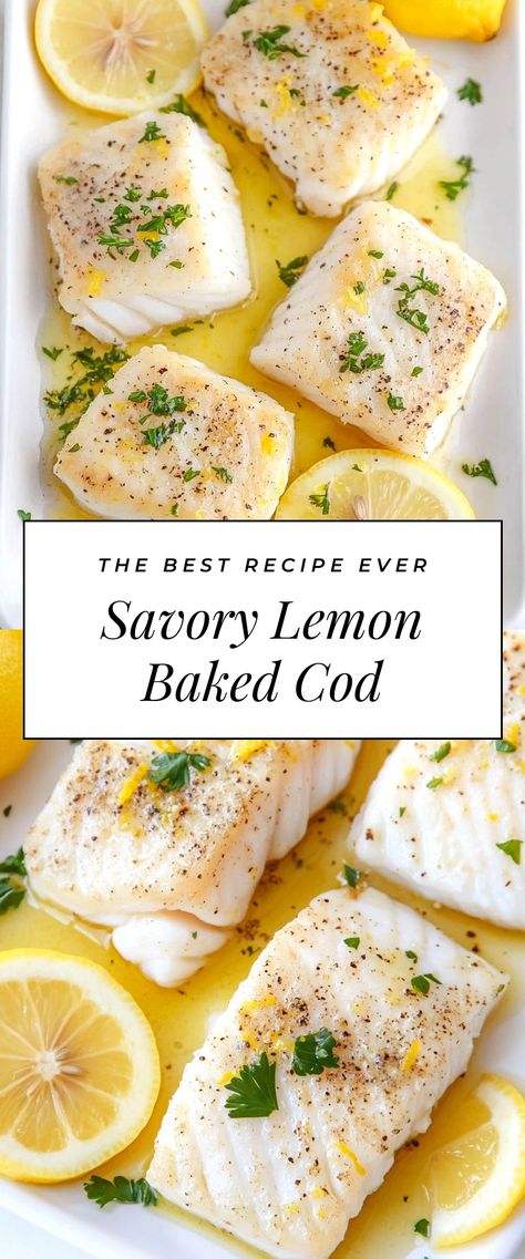 Image for Savory Lemon Baked Cod Non Fishy Fish Recipes, Sheet Pan Cod Recipes, Mediterranean Baked Cod Recipes, Kid Friendly Fish Recipes, Cod Dinner Ideas, Easy Date Night Dinners At Home, Healthy Pescatarian Meals, Baked Branzino, Pescatarian Diet For Beginners