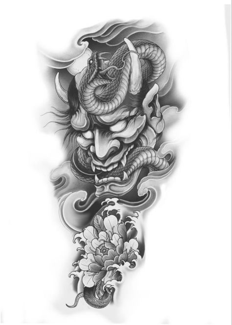 Japanese Demon Tattoo Forearm, Hanya Mask And Snake Tattoo, Japanese Tattoo Filler Ideas, Chinese Tattoo Stencil, Hannya Mask Back Tattoo, Japanese Forearm Tattoo Design, Japan Snake Tattoo, Chest Piece Tattoos For Guys, Japanese Hannya Mask Tattoo Design