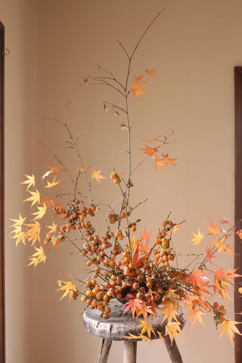 Persimmon Arrangement, Small Fall Arrangements, Persimmon Decor, Dinner Setup, Japanese Floral Design, Modern Thanksgiving, Thanksgiving Floral, Floral Arch Wedding, Diy Christmas Garland