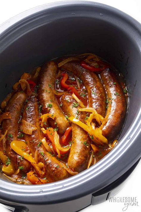 Crock Pot Italian Sausage And Peppers Recipe - Wholesome Yum Crockpot Ideas For Party, Slow Cooker Sausage And Peppers, Hot Sausage Recipes, Crockpot Italian Sausage, Sausage And Peppers Crockpot, Sausage Crockpot Recipes, Sausage Slow Cooker, Slow Cooker Sausage, Sausage Crockpot