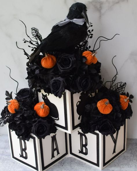 Lil Pumpkin Baby Shower Cake, Gothic Baby Shower Ideas, Halloween Shower Ideas, October Baby Showers, Baby Shower Table Centerpieces, A Baby Is Brewing, Gothic Baby, Halloween Baby Shower Theme, Baby Is Brewing