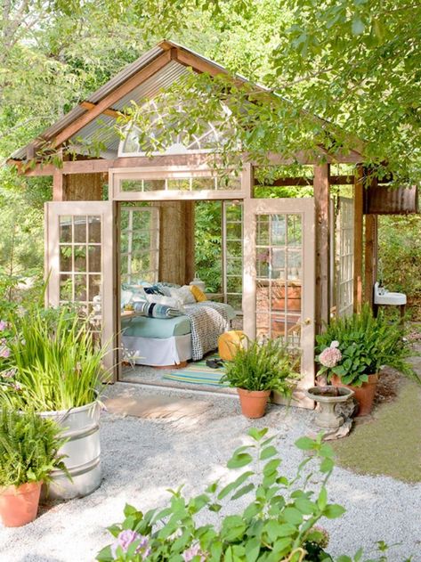 well-lit-she-shed-made-of-glass-and-wood-with-two-open-doors-garden-with-lots-of-potted-plants-and-trees Backyard Getaway, Backyard Gazebo, Backyard Greenhouse, She Sheds, Have Inspiration, Shed Design, Building A Shed, Garden Cottage, Autumn Garden