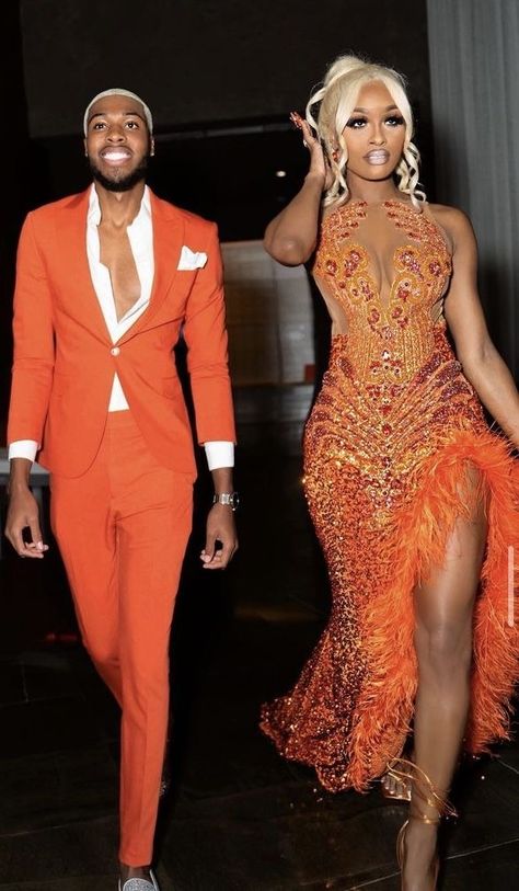 Met Gala Prom Dress Black, Cute Orange Prom Dresses, Orang Prom Dresses, Goldprom Dresses, Orange And White Prom Dress, Orange Prom Couple Black, Prom Dresses 2023 Orange, Rare Prom Dress Colors, Prom Inspo Black Couples