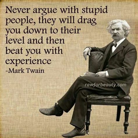 Never argue with stupid people they'll drag you down to their level and beat you with experience.  -Mark Twain Gritty Quotes, One Sentence Quotes, Mark Twain Quotes, About People, Mark Twain, Deep Breath, Quotable Quotes, Amazing Quotes, A Quote