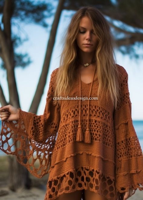 Crochet Ideas For Beginners, Crochet Tunic Dress, Crochet Tunic Pattern, Crochet Dress Pattern Free, Look Boho Chic, Chic Crochet, شال كروشيه, Dress With Bell Sleeves, Tunic Designs