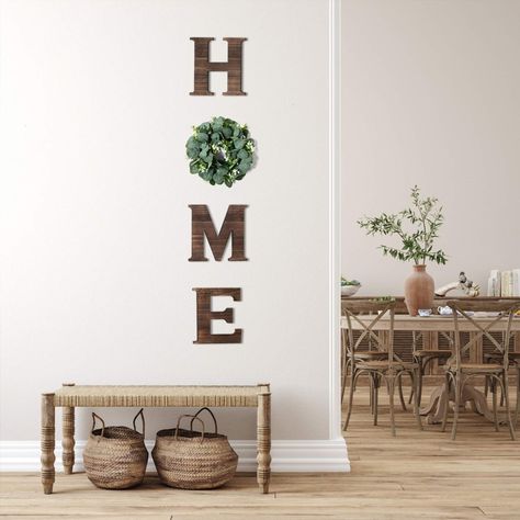 The home sign with wreath wall decor will go perfectly with any house. The green wreath matches with beautiful deep wood, make the house look a lot more homey and cozy. Great decor both for farmhouse and modern style. Wall Letters Decor, Home Letters With Wreath, Entry Way Kitchen, Home Sign With Wreath, Letters Decor, Letters For Wall Decor, Home Letters, Farmhouse Mantle Decor, Rustic Letters