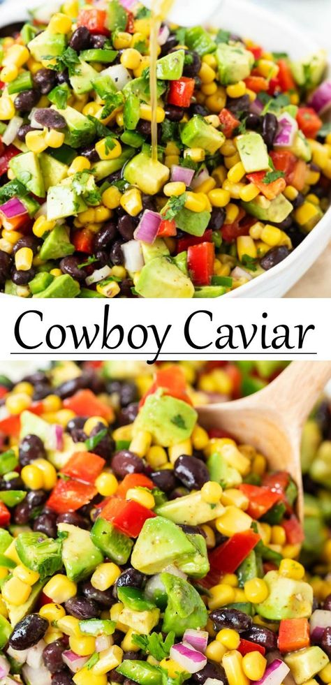 This Cowboy Caviar recipe is a great BBQ Side Dish Idea that takes minutes to make! It comes with an easy homemade dressing or use Greek or Italian Dressing for a quick shortcut. #diprecipes… More Cowboy Caviar Natasha's Kitchen, Healthy Cowboy Caviar Recipes, River Dinner Ideas, Healthy Dinner Recipes For A Crowd, How To Make Cowboy Caviar, Healthy Snacks Dips, Cowboy Cavier Dip, Black Bean Corn Dip Recipe, Easy Cowboy Caviar Recipe