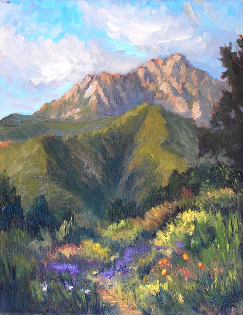 Off the Trail by Marcia Burtt Green Mountains Painting, Oil Pastel Art Mountains, Impressionist Mountains, Mountain Oil Pastel, Impressionism Mountains, Green Mountain Painting, Oil Painting Mountains, Concept Art Tutorial, Pastel Landscape