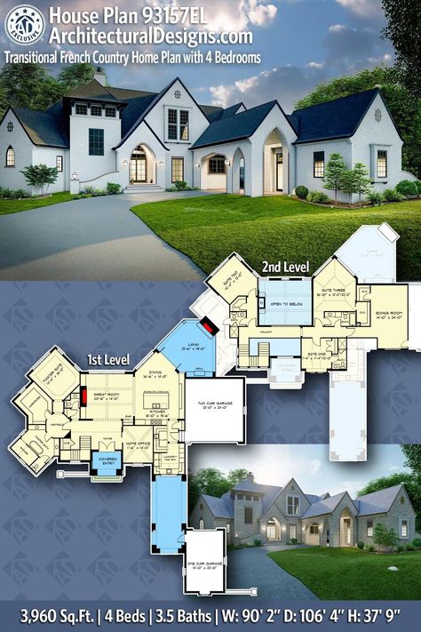 House Plan 93157EL gives you just under 4000 square feet of living space with 4 bedrooms and 3.5 baths #HomeDecorating #DecorInspiration #DecorTips #HomeInspiration #HomeDecor #InteriorInspo #HouseGoals #InteriorDesign #HomeStyle #HomeIdeas 3 Bedroom French Country House Plans, Best 4 Bedroom House Plans, 4br House Plans Open Floor, 4 Bedroom 4 Bath House Plans, House Floor Plans 4 Bedroom, Layout Design Architecture House Plans, 3500 Sq Ft House Plans, Dream House Floor Plans, French House Design