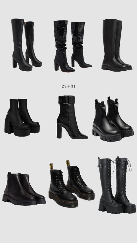 #Black #boots #knee-highboots Black Boots Aesthetic, Emo Boots, Ootd Boots, Heels Boots Outfit, H&m Boots, White Crocs, White Bridal Shoes, Pretty Heels, Shoes Outfit Fashion