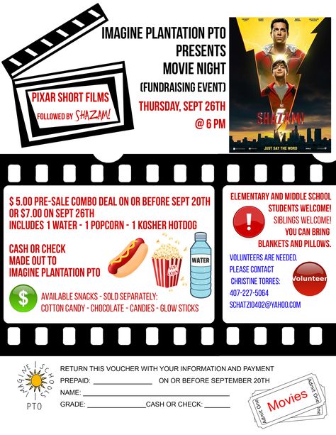 Movie Night Fundraiser Flyer  - Information about food being sold and the poster for the Movie Shazam Movie Night School Fundraiser, Outdoor Movie Fundraiser, Drive In Movie Fundraiser, Movie Night School Event, Movie Night Fundraiser Ideas, School Movie Night Ideas, Movie Night School, Movie Night Fundraiser, Halloween Fundraiser