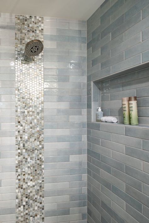 Mosiac Tile Shower Accent, Bathroom Ceramic Wall, Grey Blue Tiles Bathroom, Waterfall Tile Shower Design Accent Wall, Glass Tile Accent Shower Ideas, Seaglass Tiles Bathroom, Blue Gray Tile Bathroom, Blue Accent Tile Shower Wall, Gray And Blue Shower Tile Ideas