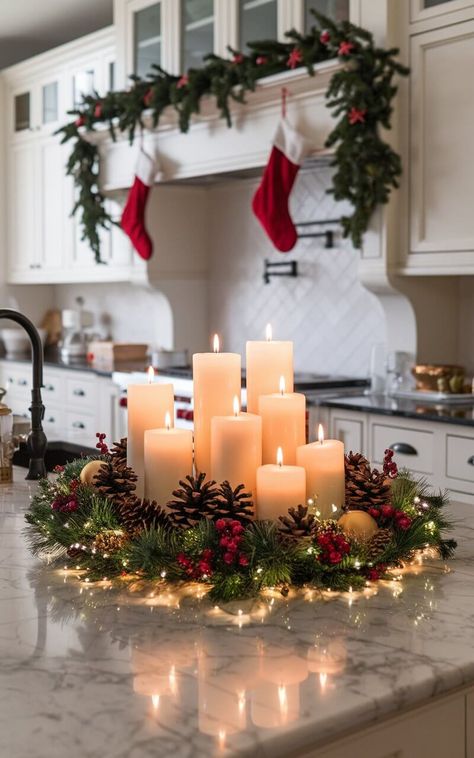 25 Stunning Christmas Kitchen Decor Ideas to Try This Season Christmas Center Island Decor, Home Bar Christmas Decor Ideas, Christmas Decorations Kitchen Island, Kitchen Island Light Christmas Decor, Large Kitchen Island Christmas Decor, Christmas Centerpieces For Kitchen Island, Pendant Lights Over Kitchen Island Christmas Decor, Christmas Kitchen Centerpiece, Christmas Decor Ideas Kitchen Cabinets