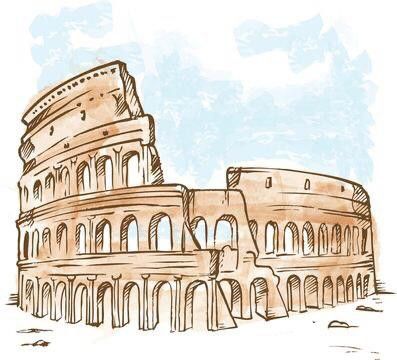 Rome Italy Drawing, The Colloseum Drawing, Coliseum Drawing, Rome Clipart, Rome Drawing, Europe Drawing, Italian Drawings, Roman Drawings, Rome Buildings