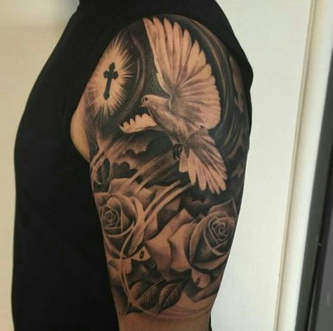 Tattoo by ig:k12tattoos Dove Shoulder Tattoo Men, Two Doves Tattoo Design, Dove Tattoo Design, Heaven Tattoos, Rose Tattoos For Men, Dove Tattoo, Men Tattoos Arm Sleeve, Mens Shoulder Tattoo, Cloud Tattoo