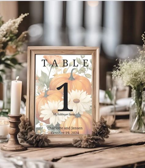 Beautiful and festive Wedding Table Numbers for October Wedding. Pumpkins. 5x7 or 8x10. https://mybubblegumbursts.etsy.com/listing/1789566455 October Wedding Table, Fall Flower Wedding, Fall Wedding Table Numbers, Flower Wedding Table, October Decorations, Elegant Fall Wedding, Fall Wedding Tables, Pumpkin Wedding, Wedding Table Number Cards