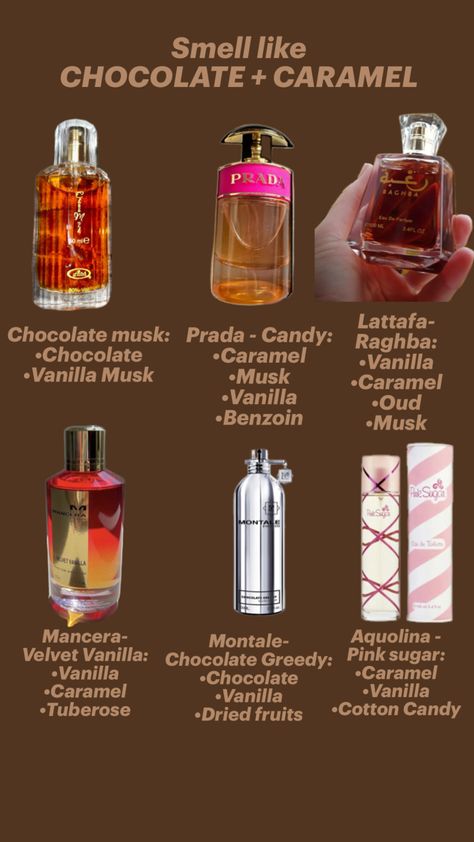 Different perfumes to smell like chocolate and caramel, can also layer on top of each other Chocolate Smelling Perfume, Perfumes That Smell Like Chocolate, Caramel Scented Perfume, Chocolate Perfume For Women, How To Smell Like Caramel, Perfume Pairing, How To Smell Like Chocolate, How To Layer Perfume, Perfume Scents Chart