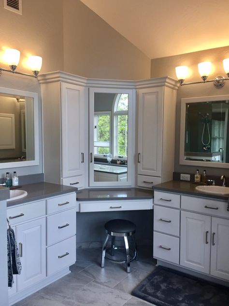 Corner vanity, pebble Caesarstone- I designed (with Canyon Creek cabinet distributor) the bathroom and this corner vanity to hide all of my make up, hair equipment, perfumes, etc. There is an electric plug inside the cabinet. Bathroom Bathtub Remodel, Bathtub Remodel Ideas, Bathroom Mirror And Lighting, Vanity Corner, Corner Drawers, Corner Bathroom Vanity, Corner Bathroom, Corner Vanity, Room Vanity