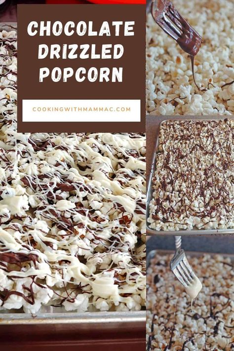 Popcorn Chocolate Drizzle, Drizzle Popcorn Recipe, Black And White Snacks Party Ideas, Chocolate Covered Popcorn How To Make, Popcorn Chocolate Drizzle Recipes, Chocolate Popcorn Recipe Easy, Popcorn With Chocolate Drizzle, Chocolate Covered Popcorn Recipe, Black And White Popcorn