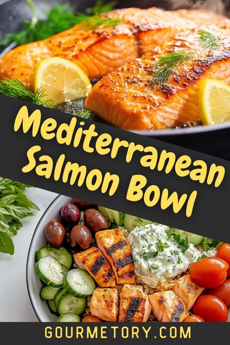 Savor the vibrant and refreshing flavors of the Mediterranean with this Greek Salmon Bowl. Combining perfectly grilled salmon, crisp veggies, fluffy rice, and tangy tzatziki, this recipe delivers a wholesome and delightful meal. Mediterranean Salmon Bowl, Salmon Bowl Recipe, Greek Salmon, Mediterranean Salmon, Fluffy Rice, Salmon Bowl, Gluten Free Cheese, Mediterranean Dishes, Kalamata Olives