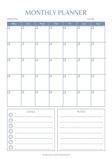 monthly planner (blue ver) weekplannertemplate #beigeplanner #plannerquiz. Monthly Planner Template Aesthetic, Collage Essentials, Future Journal, Ipad School, A5 Monthly Planner, Planner Monthly Layout, Planner Template Printable, Productivity Goals, Agenda Digital