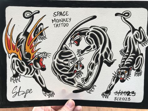 old schoool pantera negra tattoo flash Traditional Panther Head Tattoo, Crawling Panther Tattoo, Panther Tattoo Flash, Panther Traditional Tattoo, Tricep Tattoo, Traditional Tattoo Flash Sheets, Tricep Tattoos, Black Panther Tattoo, Flash Sheets