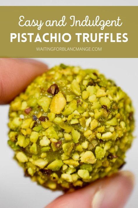 Close up of a pistachio coated white chocolate pistachio truffle being held up to the camera. Pistachio Theme Party, Pistachio Sauce Desserts, Desserts With Pistachio Cream, Pistachio Fudge Recipe Easy, Pistachio Truffles Recipe, Pistachio Tartlet, Pistachio Baked Goods, White Chocolate Pistachio Truffles, Pistachio Ganache Recipe