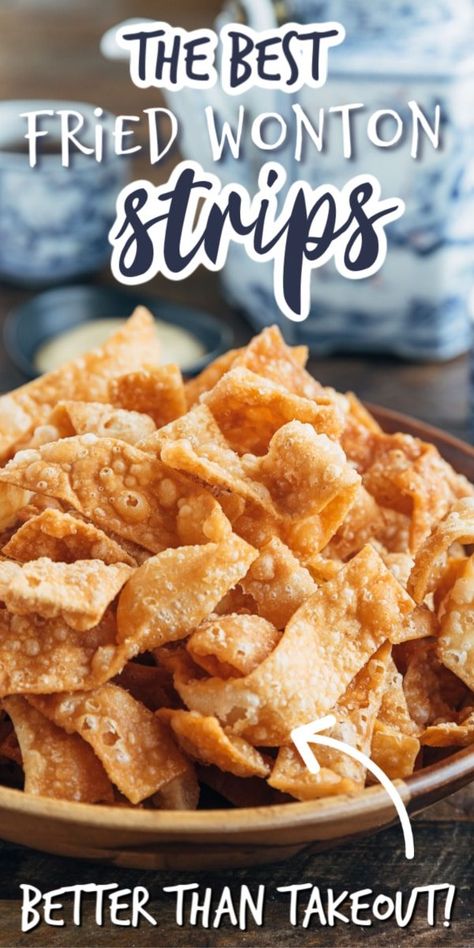 Do you love the fried wonton strips served at Chinese-American restaurants? They’re easy to make at home! With this recipe, you’ll get all the tips and tricks you need to make restaurant-quality crispy wonton chips for your next “takeout fakeout” dinner. #takeoutfakeout #wontons #chinesefood How To Make Wontons, Vegetarian Wonton, Fried Wonton, Wonton Wrapper Recipes, Wonton Chips, Crispy Wonton, Fried Wontons, Wonton Recipes, Chinese Restaurants