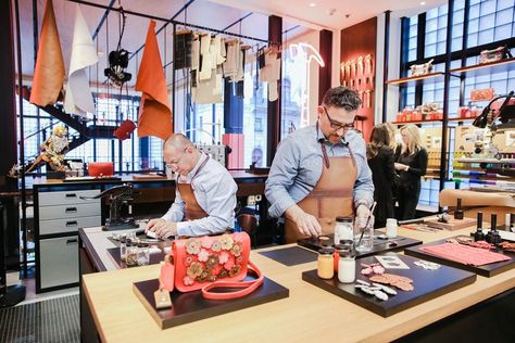 Craftsmen create leather appliqué at the in-store workshop. Coach Branding, The American Dream, Coach House, Coach New York, Flagship Store, American Dream, Luxury Goods, Creative Director, Branding