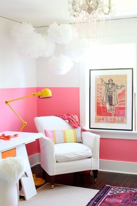 30 Tasteful Ways to Add Colorful Accents to Your Home | Brit + Co Half Painted Walls, Two Tone Walls, Pink Wall, White Room, Pink Walls, My New Room, Cheap Home Decor, Interior Paint, Girl Room