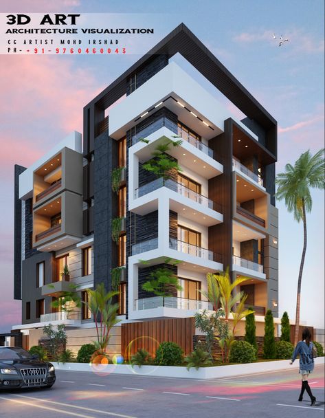 Small Apartment Building Design, Freelance Architect, Building Front Designs, Hotel Design Architecture, Small Apartment Building, Facade Architecture Design, Residential Building Design, 3d Architectural Visualization, Modern Exterior House Designs