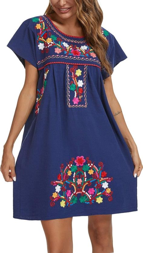 YZXDORWJ Women's Casual Skirt Boho Mexican Peasant Dresse (224SBL, M) at Amazon Women’s Clothing store Destination Wedding Guest Dress, Mini Dress Short Sleeve, Wedding Dress Brands, Mexican Embroidered Dress, Women Summer Dresses, Lace Bell Sleeve Dress, Embroidered Mini Dress, Mexican Dress, Mexican Dresses