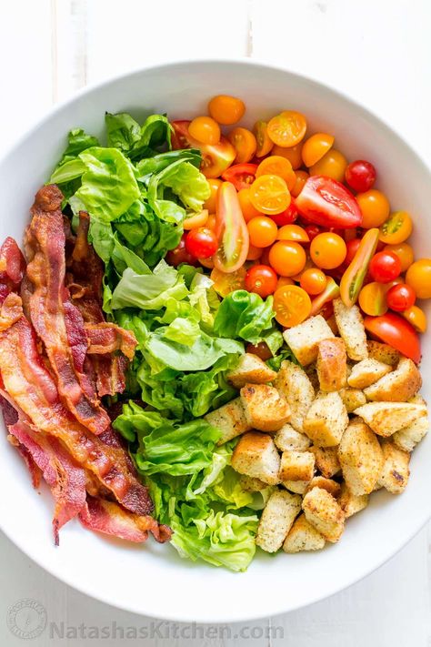 A BLT Salad loaded with fresh lettuce, crispy bacon, bright tomatoes, crunchy croutons and the BLT Salad dressing is exceptional. Easy, excellent salad! | natashaskitchen.com Blt Salad Dressing, Blt Salad Recipe, Turkey Blt, Cold Salads, Blt Salad, Blt Pasta Salads, Grape Salad, Cold Salad, Easy Salad Recipes