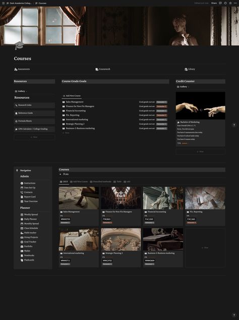 Dark Academia Class Schedule, Notion Template Ideas Aesthetic For Students Dark, Dark Academia Notion Template Free, Notion Law School, Uni Notion, Dark Academia Notion Template, Habit Tracker Aesthetic, Courses Aesthetic, Dark Academia Notion