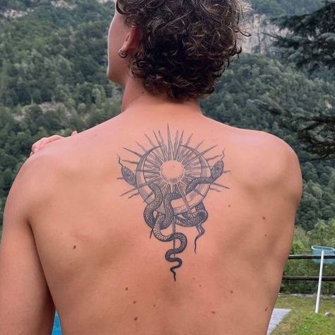 Omar Apollo Tattoo Ideas, Vintage Sun And Moon Tattoo, Men’s Sternum Tattoo, Sun Tattoo Man, Rib Tattoos Men, Mens Spine Tattoo, Sun Tattoo Back, Moon Tattoo Men, Spine Tattoo Men