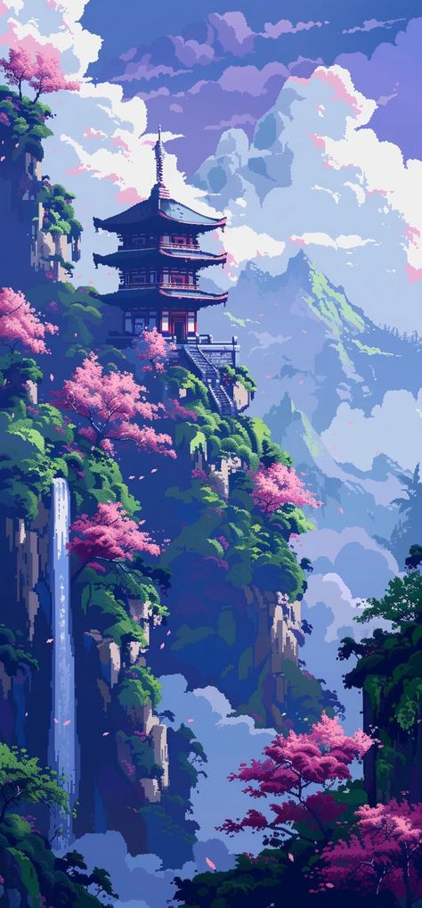 Pixel Art Styles, Mountain Temple, Dope Wallpaper, Mural Inspiration, Majin Buu, Watercolor Art Paintings, Dreamy Landscapes, Anime Backgrounds, Building Art